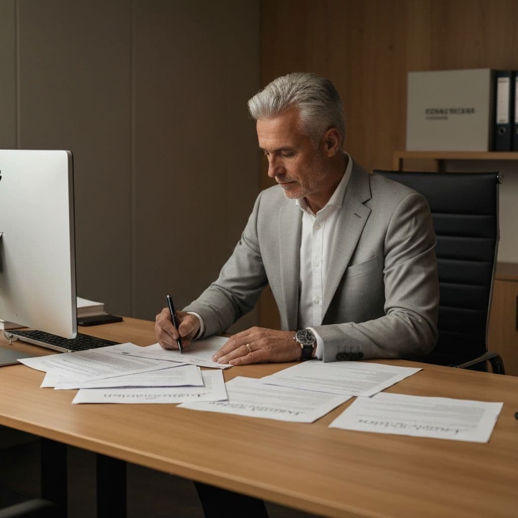 Professional translator working at a modern desk with multilingual documents